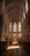 Fototapeta premium Cathedral Interior: The interior of a grand cathedral is bathed in ethereal light filtering through ornate stained glass windows, creating a serene and awe-inspiring atmosphere.