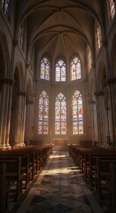Fototapeta premium Stained Glass Sanctuary: A grand cathedral interior, bathed in the soft glow of sunlight streaming through stunning stained glass windows, creating an atmosphere of tranquility and awe. 