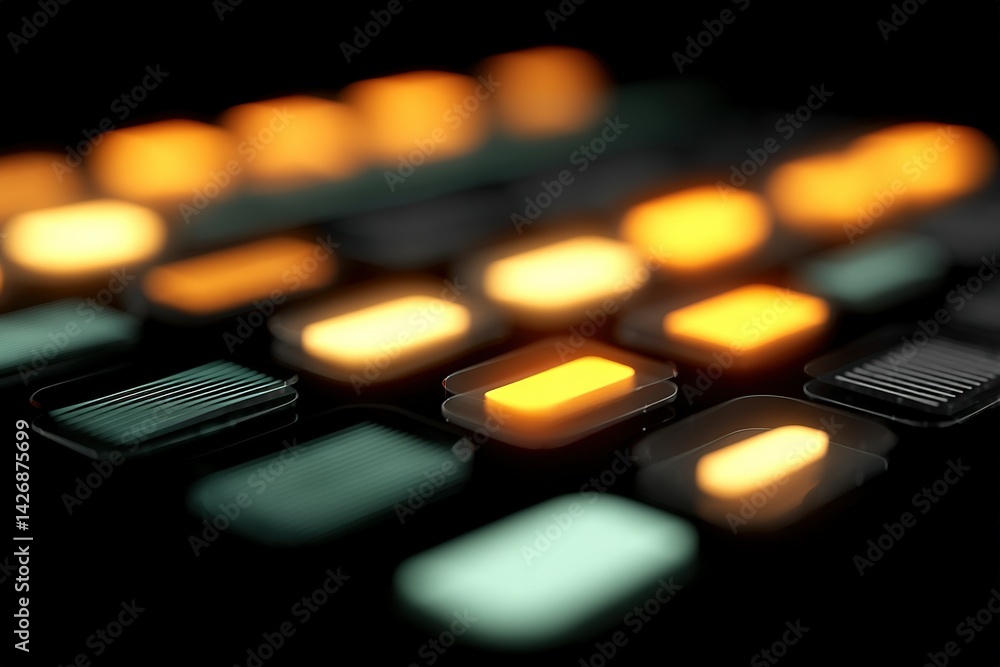 Poster colorful illuminated buttons on a control panel create a vibrant display in a dark setting during an