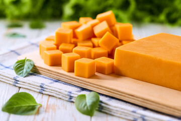 cheddar cheese sliced ​​into cubes on a cutting board on a white wooden table.
