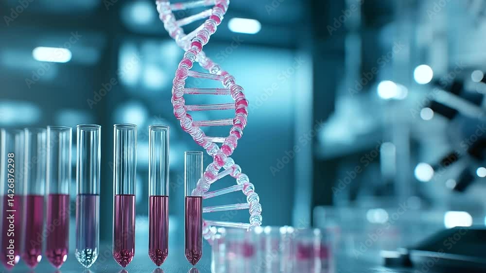 Aufkleber a close-up of a dna helix structure surrounded by test tubes filled with colored solutions in a mode