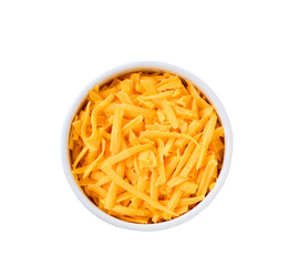 white ceramic bowl with shredded cheddar cheese isolated on a white background, top view.