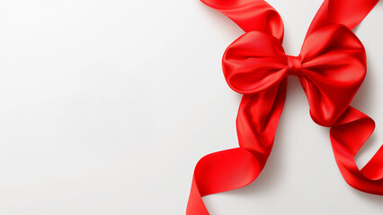 Curled red ribbon border on white background. Elegant frame and celebration concept.  
