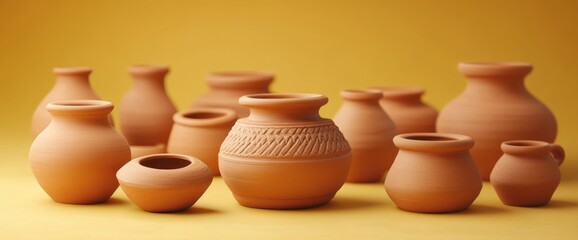 Collection features a variety of handmade clay pottery in different shapes and sizes, beautifully arranged against a vibrant golden yellow backdrop that highlights their unique textures and forms