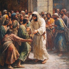 Naklejka premium Woman touches the fringe of Jesus's clothes in a crowd illustrating faith and healing during biblical times