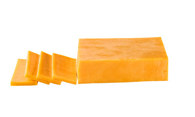 cheddar cheese cut into slices isolated on a white background.