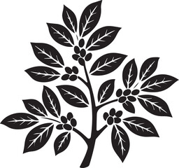 Fototapeta premium A simple black and white vector illustration of a coffee plant branch with leaves and berries