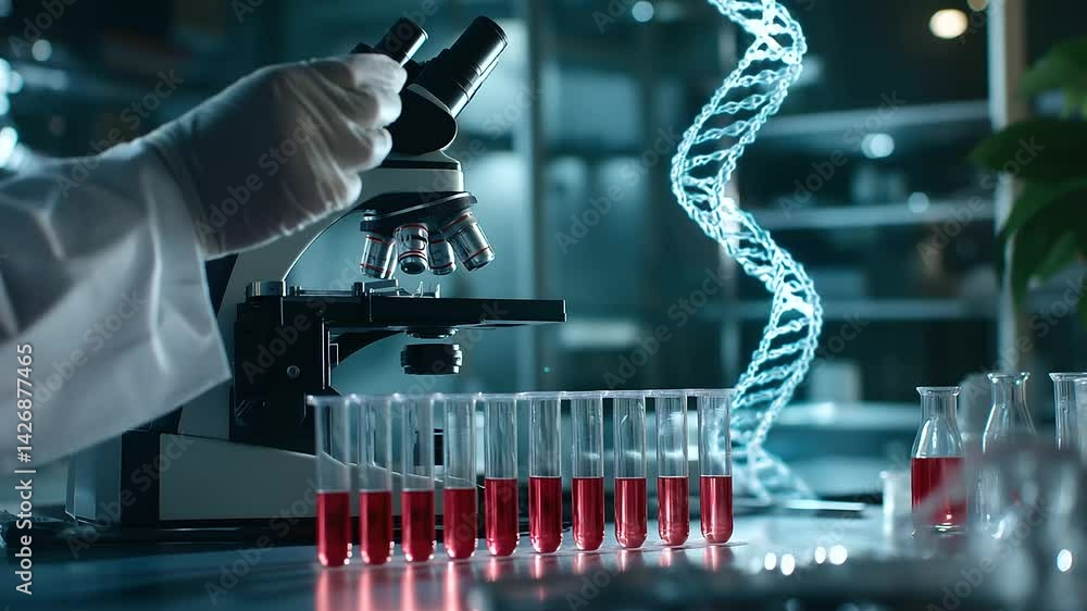 Poster a researcher uses a microscope to examine a dna helix structure while test tubes containing dna samp