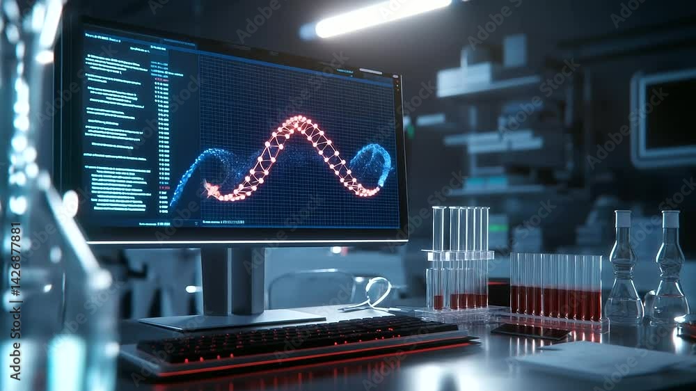 Aufkleber a glowing, detailed dna helix structure is displayed on a computer screen, with test tubes containin