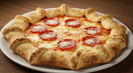 A unique pepperoni pizza featuring a ring of plump, golden dough crust around the edge, served hot on a white plate. Delicious!