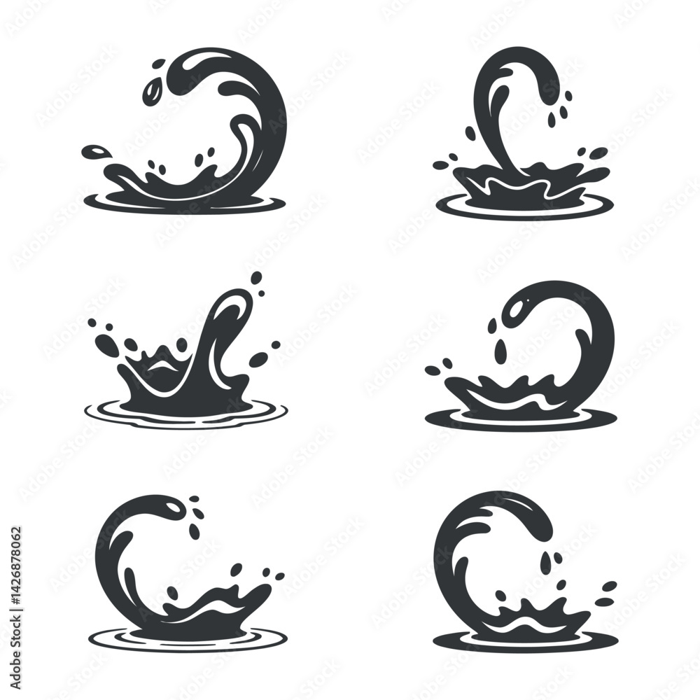 Poster water splash silhouette vector collection of different styles and shapes on isolated white backgroun