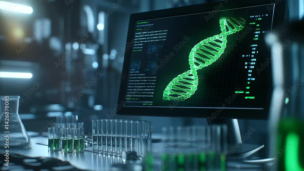 Poster a glowing, detailed dna helix structure is displayed on a computer screen, with test tubes containin