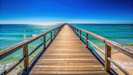 Obraz premium Wooden pontile stretching out into ocean with clear blue sky above, coastal scenery