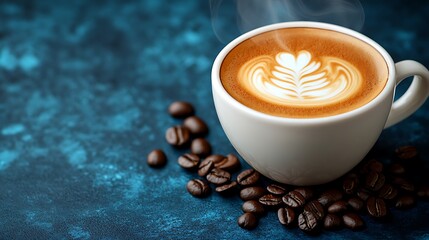 Steaming latte art in a white cup, coffee beans