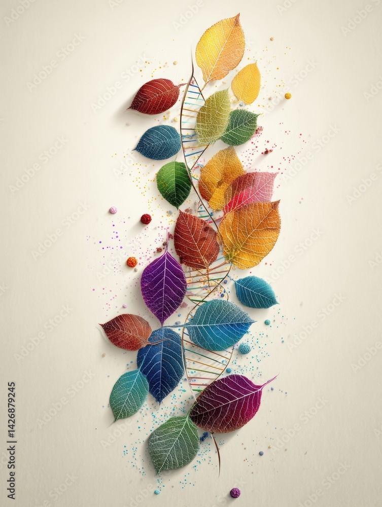 Aufkleber multicolored dna strand created from leaves and sparkles representing wellness and vitality in a vib