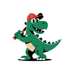 Cartoon Dinosaur Playing Baseball Wearing A Cap Ready To Swing The Bat With A Smile Illustration
