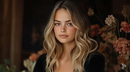 Fototapeta premium Young woman with wavy hair poses gracefully among dried flowers in a cozy indoor setting