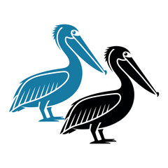 Two Pelican Birds In Black And Blue Silhouette Style Vector Art On White Background Suitable For Logo