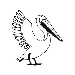 Line Art Illustration Of A Pelican Standing With Open Wing In Black And White Simple Design