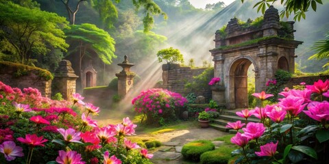 Naklejka premium Ethereal pink flowers bloom in a whimsical, dreamlike garden amidst lush greenery and ancient stone structures , serene