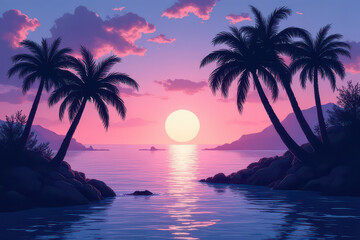 Stunning Twilight Coast: Bold Palm Silhouettes Against Soft Fading Sky and Deep Blue Water