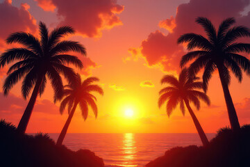 Fototapeta na wymiar Glowing Tropical Evening: Radiant Orange & Pink Sky, Golden Sunset, Palm Trees Silhouette