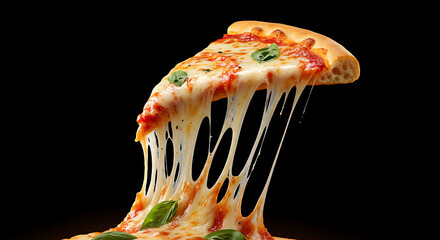 Mouthwatering pizza slice with melted cheese. The rich colors and textures of the toppings create an appealing culinary experience.
