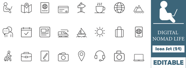 Simple line icons inspired by digital nomad life—includes travel, work, and lifestyle elements. Perfect for apps, websites, and remote work visuals.