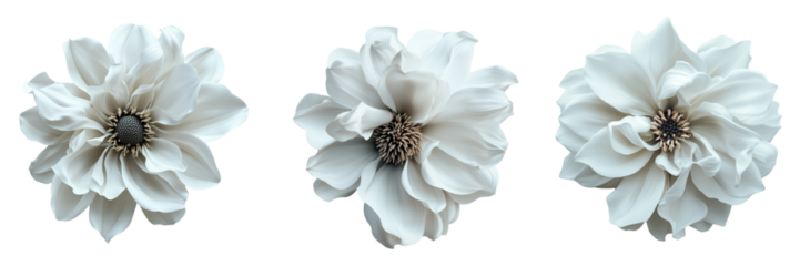 Set of A single white flower with intricate, layered petals resting gently on a soft white surface on transparent png background. Ai generated