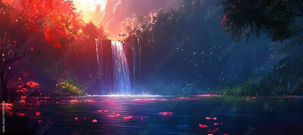 Poster a futuristic river where ai-generated water flows in neon geometric patterns