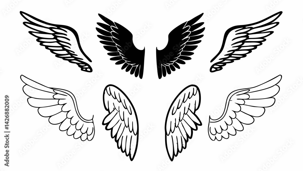 Poster collection of wings in black and white showing different styles and feather arrangements in the desi
