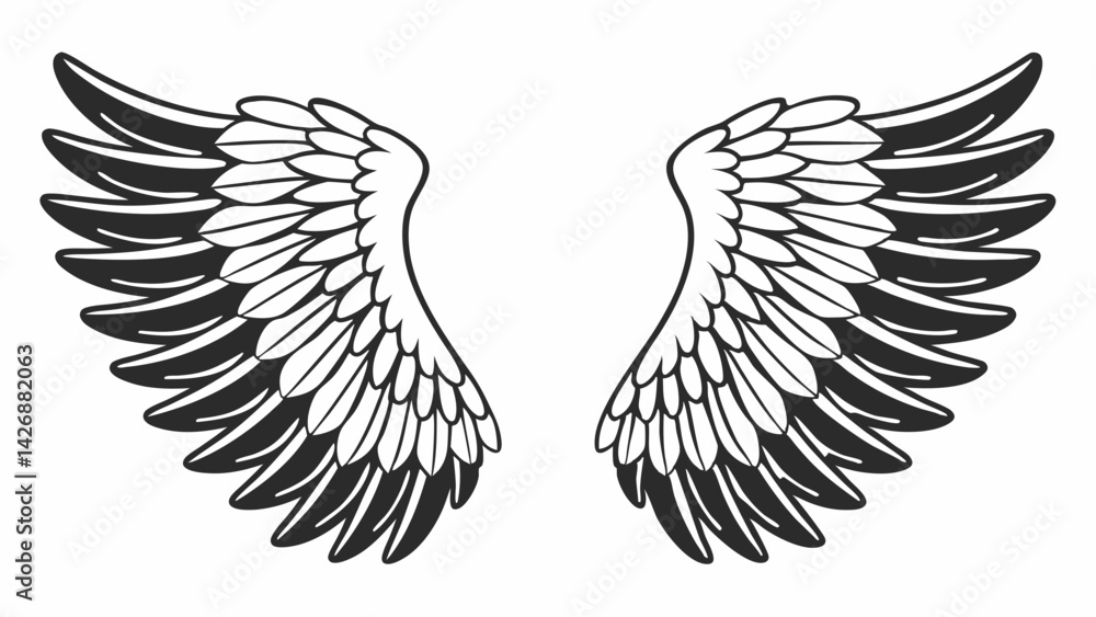 Poster two stylized wings with detailed feathering spread symmetrically on a white background design elemen