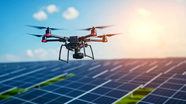 A high-tech drone hovers over a vast solar farm, capturing aerial footage of gleaming solar panels absorbing sunlight on a bright day.