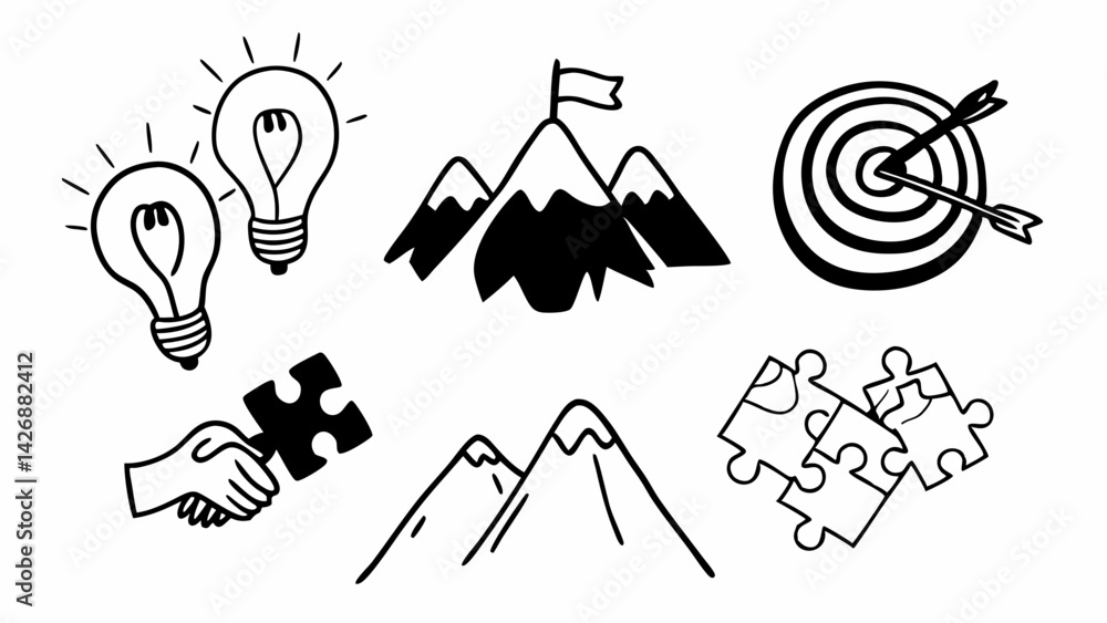 Poster doodle style icons representing ideas, goals, teamwork, and problem solving in black and white drawi