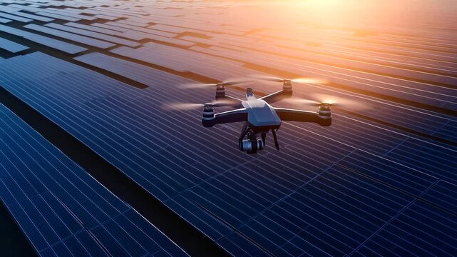 An advanced drone monitors rows of solar panels stretching across the landscape, inspecting the eco-friendly infrastructure from above.