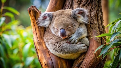 Fototapeta premium A koala curled up in a eucalyptus tree, snuggled into a ball