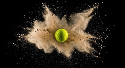 Tennis Ball Exploding Beige Powder Cloud Black Background Action Sports Dynamic Motion Impact Burst