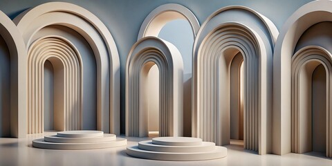Elegant 3D geometric composition with repeating arches, clean lines, and a serene neutral color palette