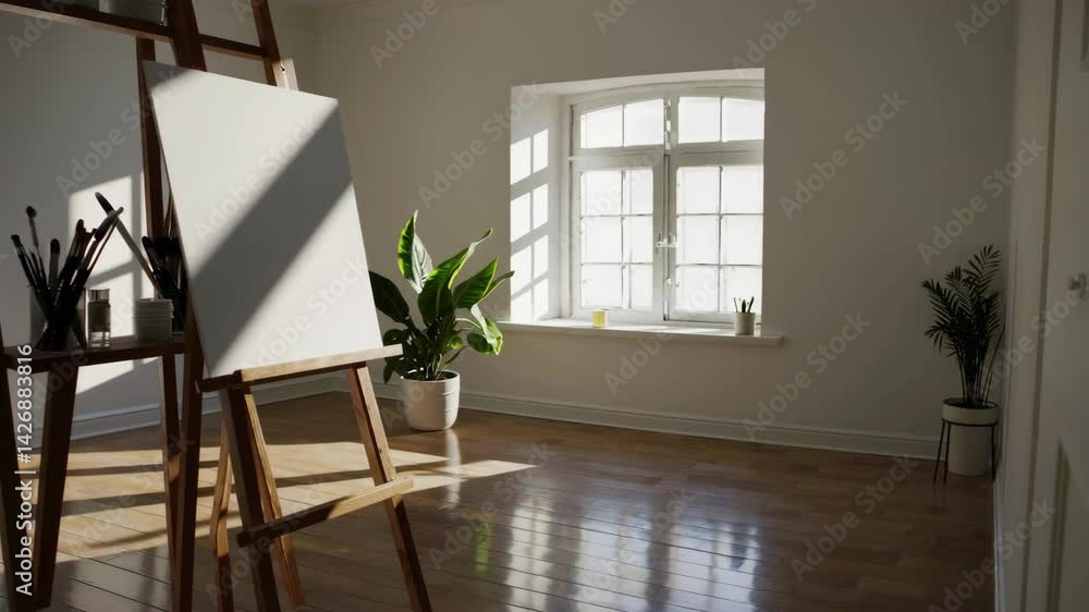 Poster serene art studio with easel and natural light in simple setting