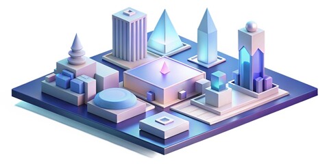 Geometric 3D isometric layout featuring floating platforms and architectural forms