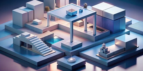 Geometric 3D isometric layout featuring floating platforms and architectural forms
