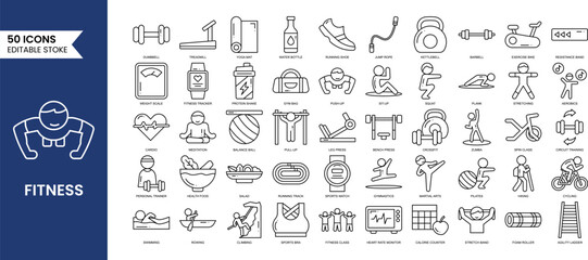 Fitness editable icons set in line style. Containing basic workouts and activities such as sports gear, running shoes, yoga, diet plans, weights, and tracking and more. Vector illustration
