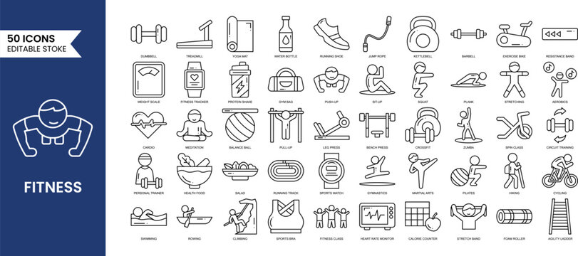 Fitness editable icons set in line style. Containing basic workouts and activities such as sports gear, running shoes, yoga, diet plans, weights, and tracking and more. Vector illustration