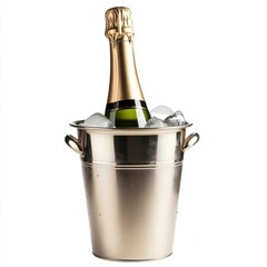 Champagne bottle in a metal bucket filled with ice