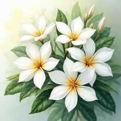 Fototapeta premium Watercolor painting jasmine flowers bloom with green leaves. White petals with yellow core in soft focus. Botanical illustration for invitations cards. Delicate flowers, spring season, wedding design.