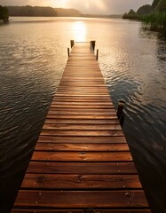Fototapeta premium Realistic Rain-Drenched Lake Dock with Reflections and Subtle Lighting