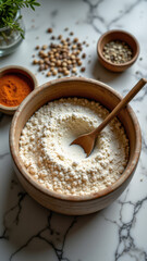 Hand-crafted wooden mortar with pestle resting on marble surface filled with organic whole grain cornmeal or millet.