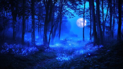 Fototapeta premium Mystical Nightscape with Glowing Flowers Under Full Moonlight