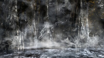 Foggy, mystical forest scene bathed in ethereal light.