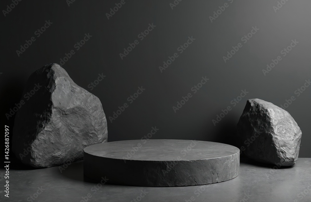 Poster dark stone podium product display. rocks background. minimalist design for showcasing products. empt